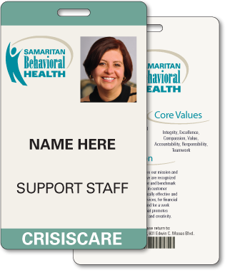 Plastic ID Badge with personalized information for 'Samaritan Behavorial Health'.