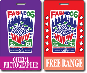 Farm Aid 2006 ID cards "OFFICIAL PHOTOGRAPHER" and "FREE RANGE". 