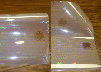 Hologram Pouch die cut from 'Genuine⁄Secure' Film.