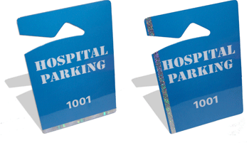 Hang Tags with vertical and horizontal holographic film strips