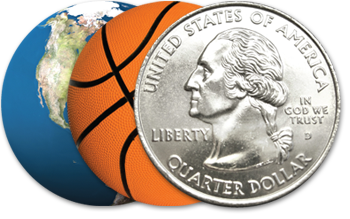 Circle Badges of Earth, a basketball and a quarter.