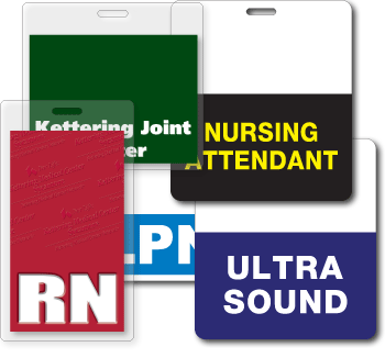 Plastic Badges 'RN', 'LPN', ULTRA SOUND, 'NURSING ATTENDANT' and 'Kettering Joint Center'.