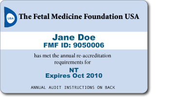 Plastic ID Badge with personalized information for 'The Fetal Medicine Foundation USA'.