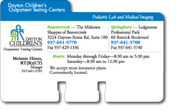 Full color Rolodex Card for 'Dayton Children's Outpatient Center.'