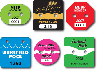 Swim Tags of multiple colors and shapes
